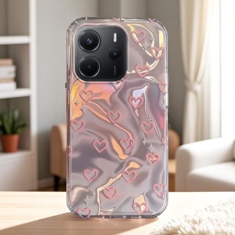 Xioami Redmi Note 14 Uyumlu Zebana Pembe Kalp Desenli Silikon Kılıf