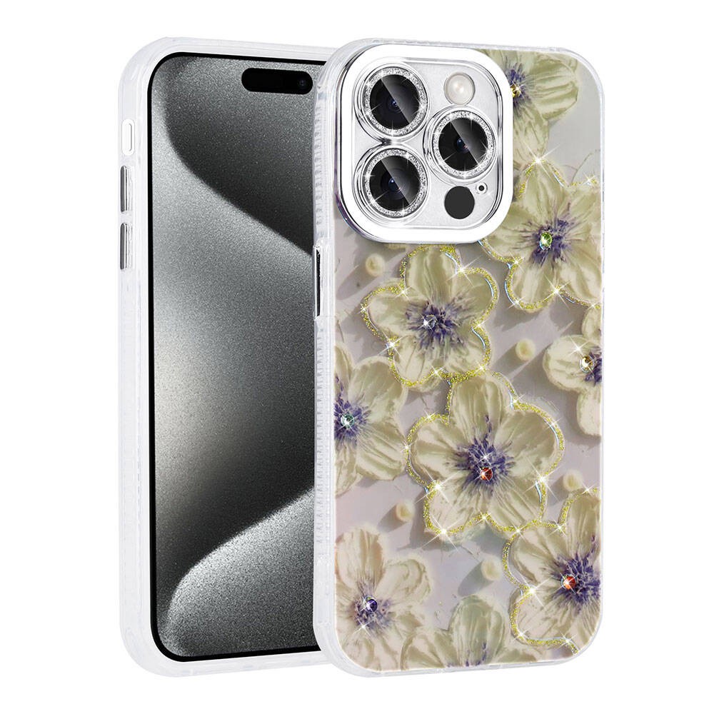 iPhone 15 Pro Çiçek Desenli Parlak Taşlı Sert Silikon Zore Garden