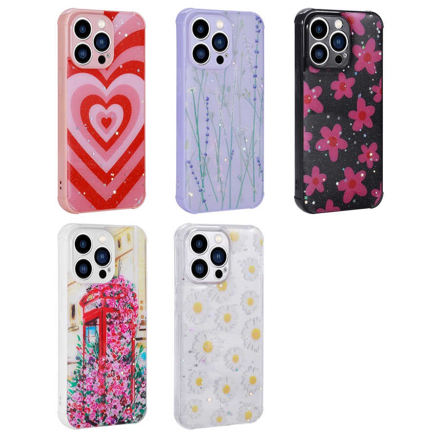 iPhone 12 Pro Simli Desenli Kamera Korumalı Parlak Zore Popy Kılıf