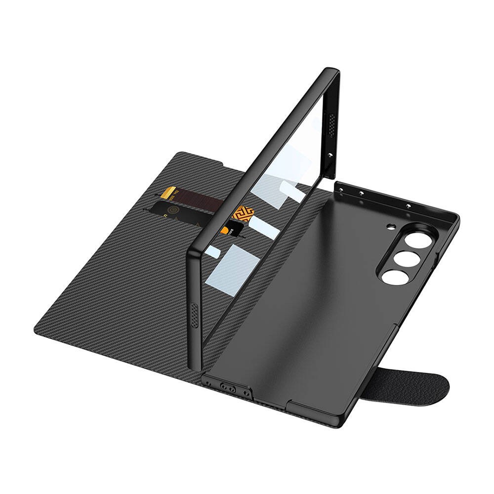 Galaxy Z Fold 6 Karbon Fiber Tasarımlı Magnetik Tokalı Kartlıklı Zore Kıpta Zegna