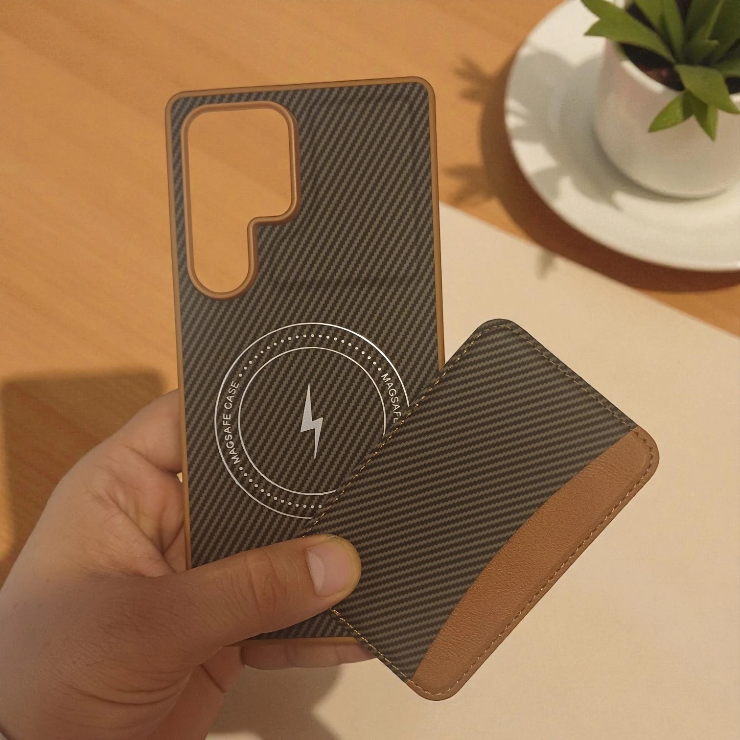 Samsung S25 Ultra Uyumlu Rona MagCarbon Fiber Doku Manyetik Kılıf + Kartlık Cüzdan