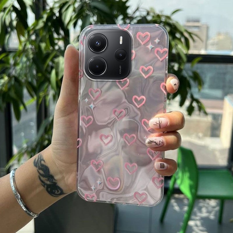 Xioami Redmi Note 14 Uyumlu Zebana Pembe Kalp Desenli Silikon Kılıf