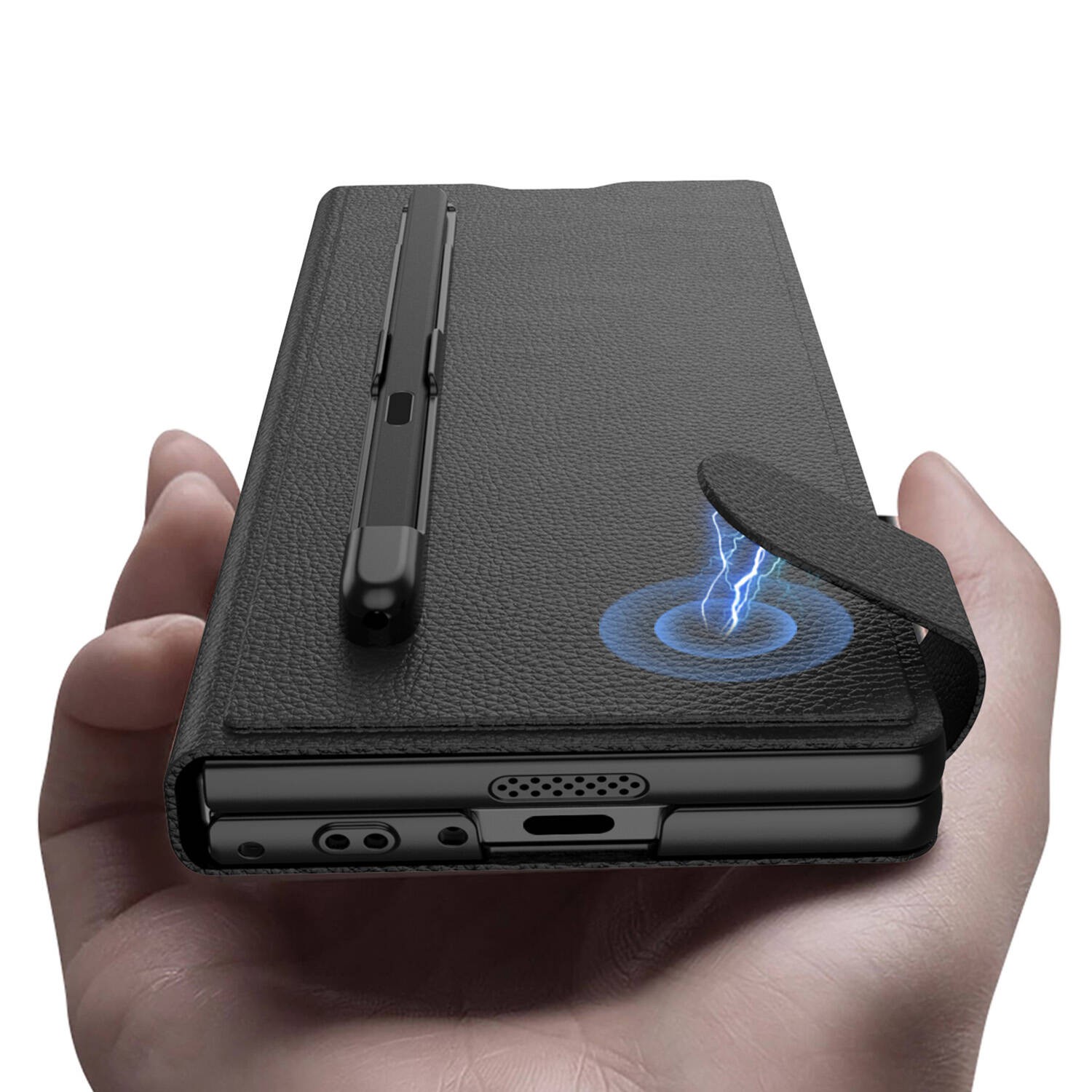 Galaxy Z Fold 6 Suni Deri Tasarımlı Kalem Bölmeli Zore Kıpta Kartlıklı Standlı