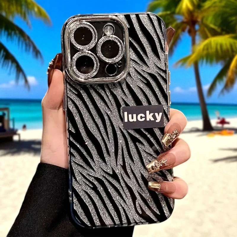 iPhone 14 Pro Uyumlu Zebana Camlı Lens Korumalı Lucky Işıltı Silikon Kılıf(Siyah)