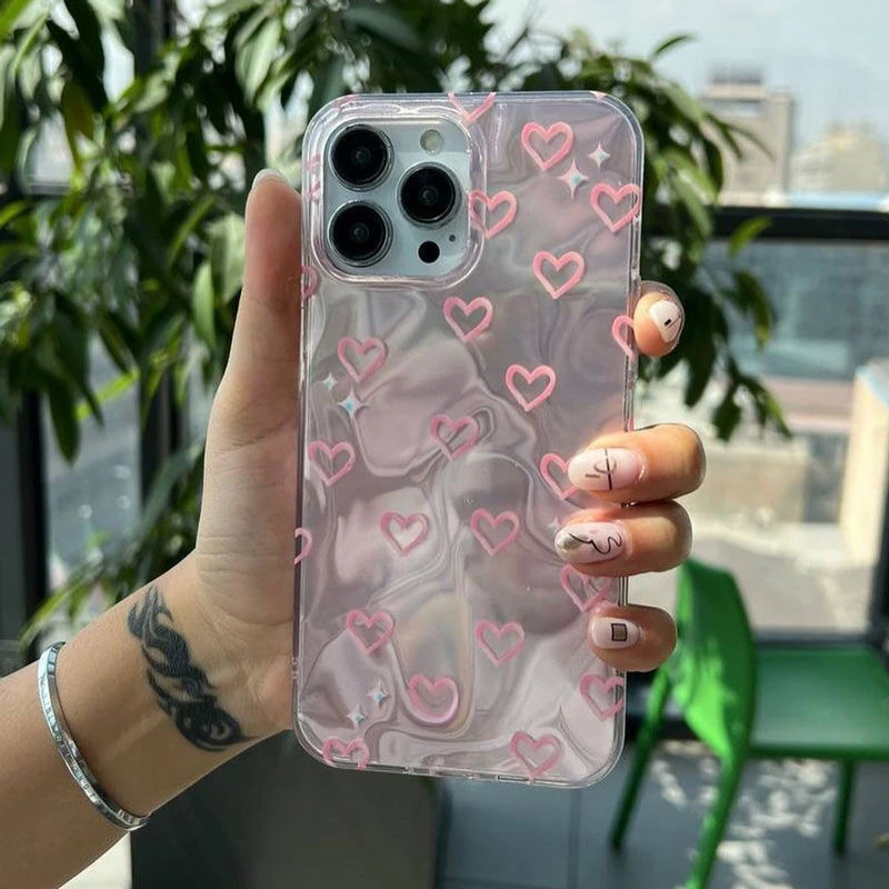 iPhone 15 Pro Uyumlu Zebana Pembe Kalp Desenli Silikon Kılıf