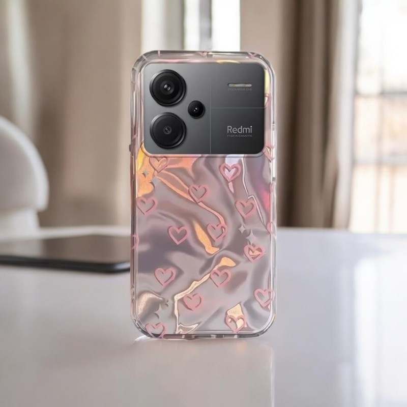 Xiaomi Redmi Note 13 Pro Plus 5G Uyumlu Zebana Pembe Kalp Desenli Silikon Kılıf