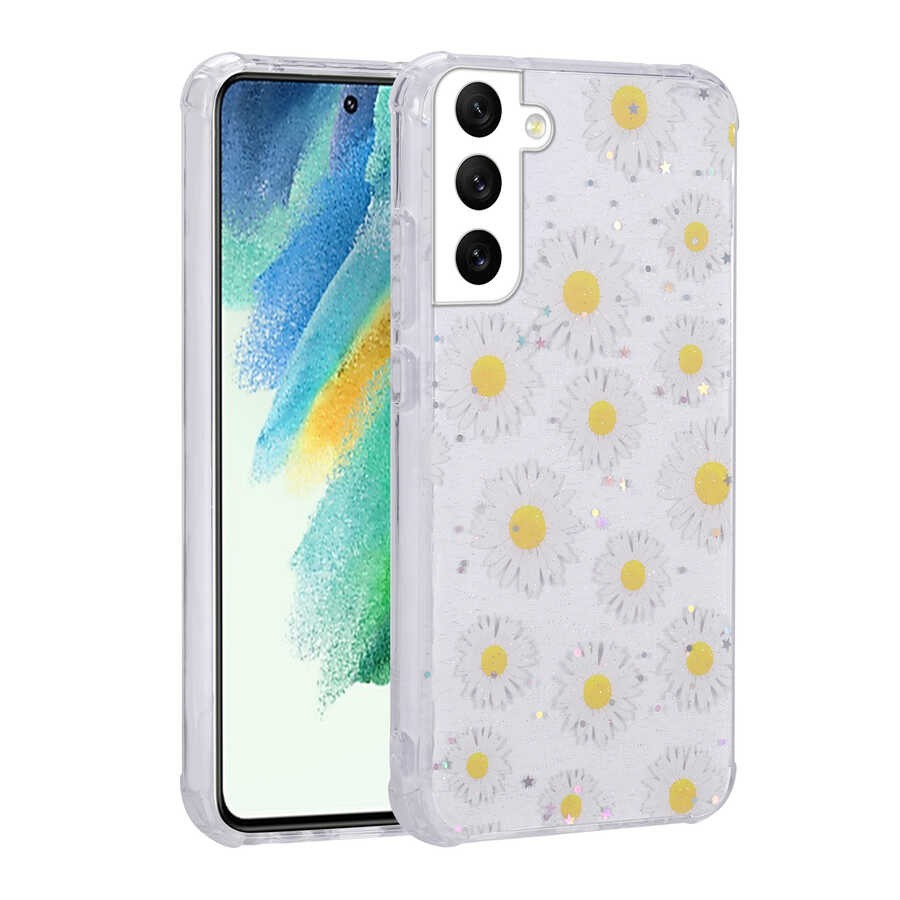 Galaxy S21 FE Compatible Glittered Patterned Camera Protected Shiny Zore Popy Case