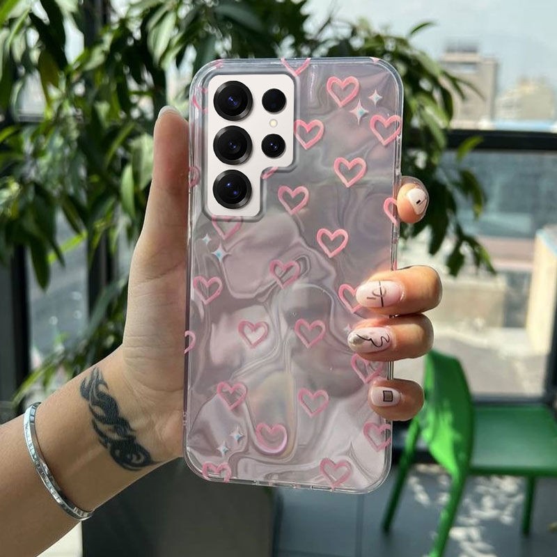 Samsung Galaxy S23 Ultra Uyumlu Zebana Pembe Kalp Desenli Silikon Kılıf