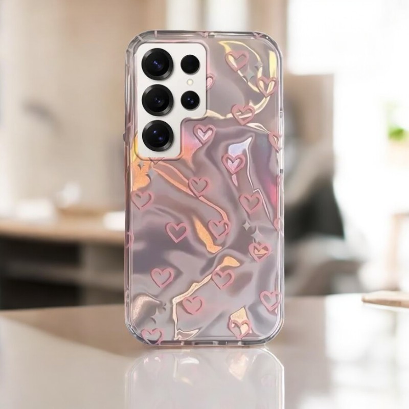 Samsung Galaxy S23 Ultra Uyumlu Zebana Pembe Kalp Desenli Silikon Kılıf