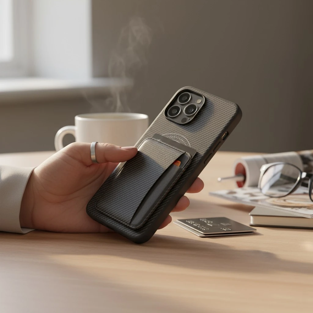 Xiaomi Redmi Note 14 Pro 4G Uyumlu Rona MagCarbon Fiber Doku Manyetik Kılıf + Kartlık Cüzdan