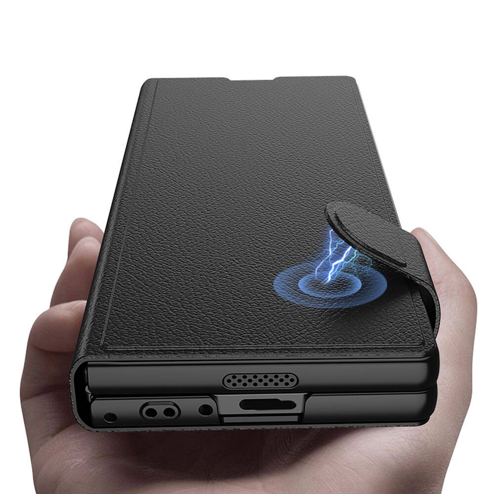 Galaxy Z Fold 6 Suni Deri Tasarımlı Magnetik Tokalı ve Kartlıklı Zore Kıpta Zegna