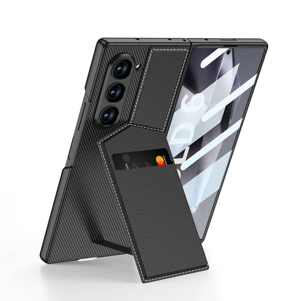 Galaxy Z Fold 6 Karbon Fiber Deri Kartlıklı Zore Kıpta Dik Açılan Kartlıklı