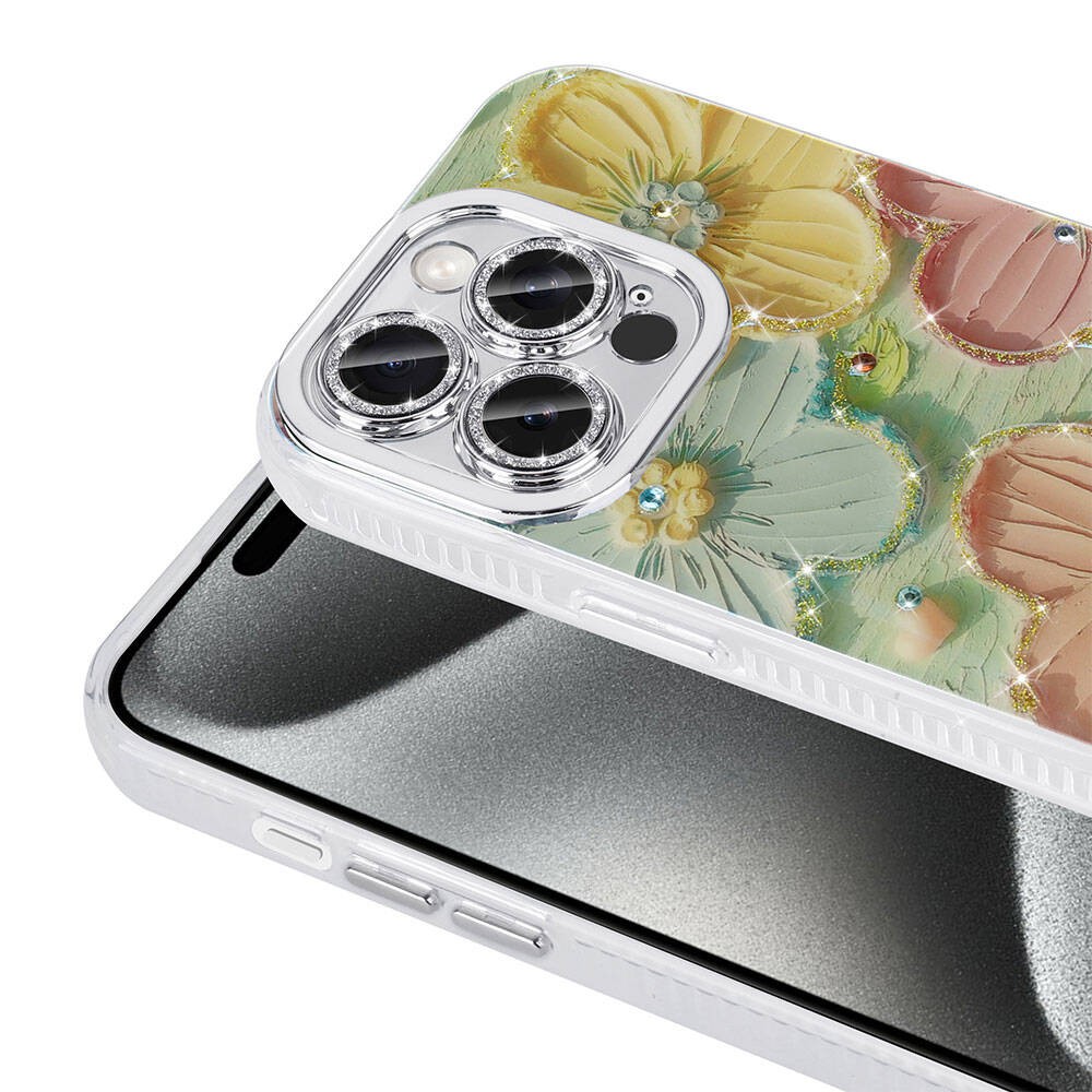 iPhone 15 Pro Çiçek Desenli Parlak Taşlı Sert Silikon Zore Garden