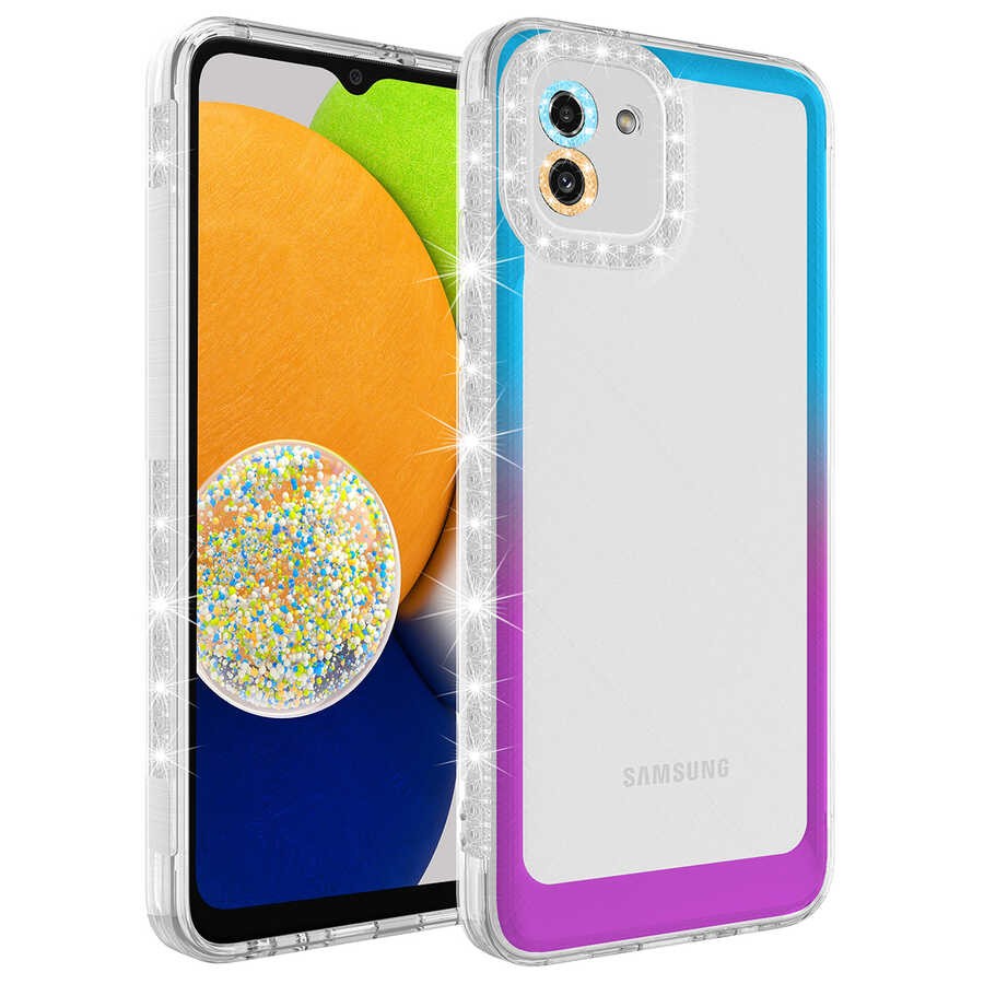 Galaxy A03 Kılıf Simli ve Renk Geçiş Tasarımlı Lens Korumalı Zore Park Kılıf