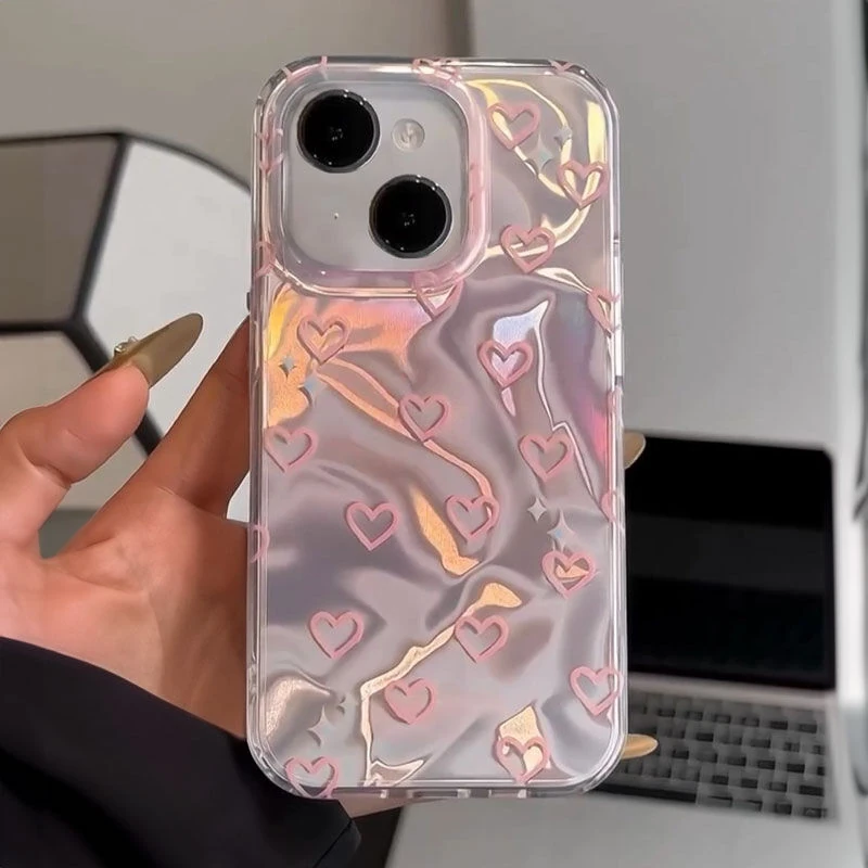 iPhone 15 Uyumlu Zebana Pembe Kalp Desenli Silikon Kılıf