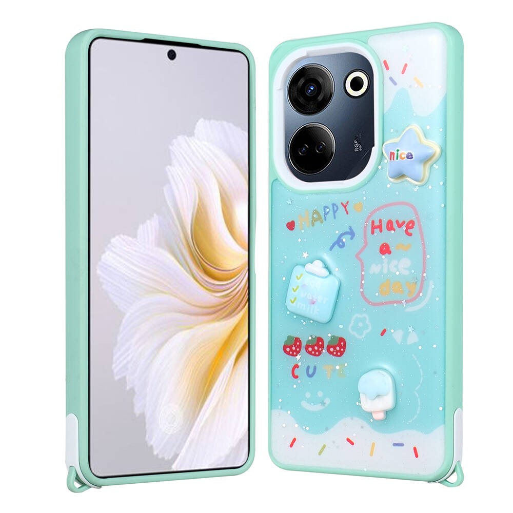 Tecno Camon 20 Parlayan Simli Kabartma Figürlü Zore Cevze Kılıf