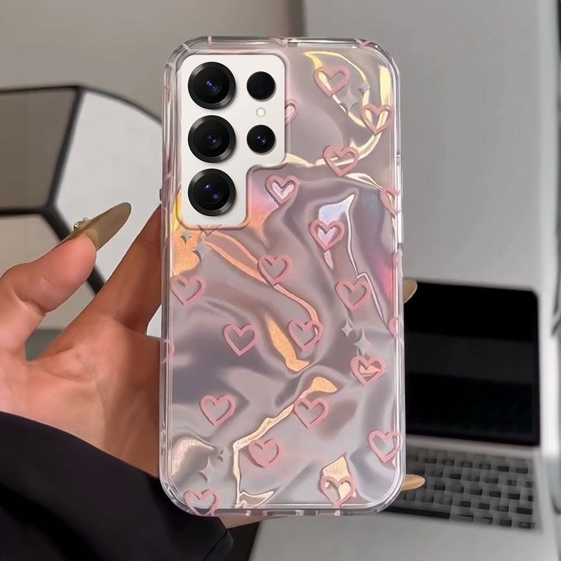 Samsung Galaxy S23 Ultra Uyumlu Zebana Pembe Kalp Desenli Silikon Kılıf