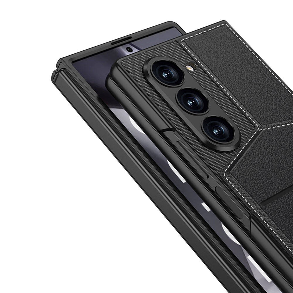 Galaxy Z Fold 6 Case Carbon Fiber Leather Card Holder Zore Kipta Vertical Opening Card Holder Cover