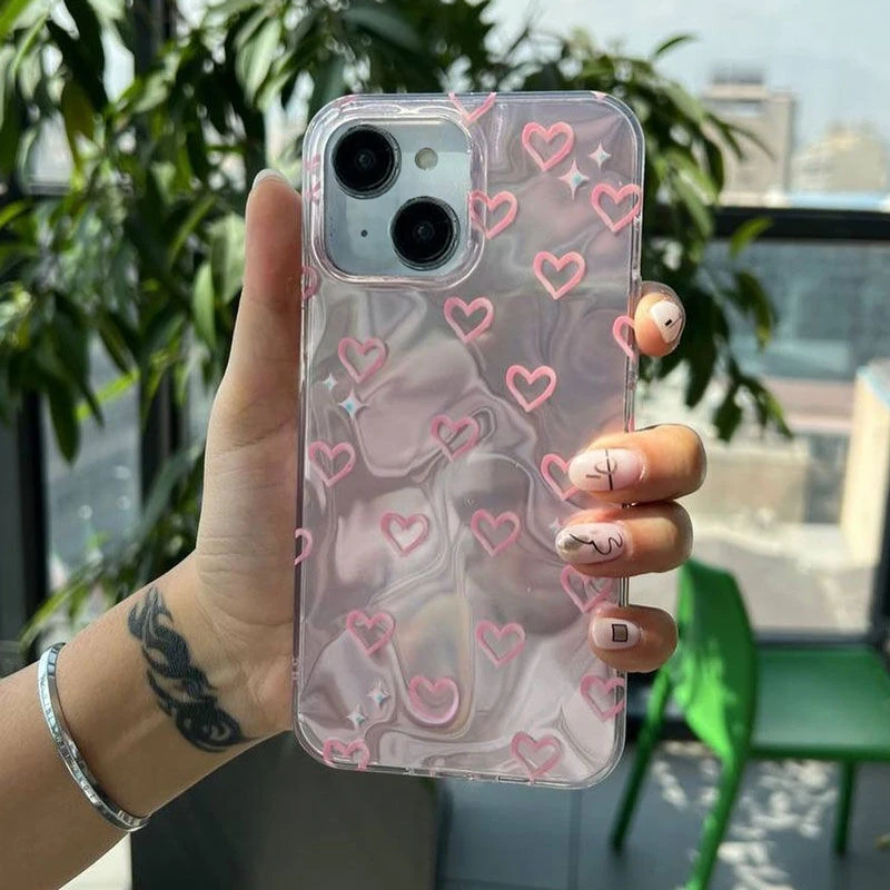 iPhone 15 Uyumlu Zebana Pembe Kalp Desenli Silikon Kılıf