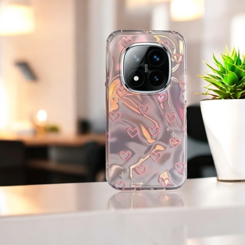 Xiaomi Redmi Note 14 Pro Plus 5G Uyumlu Zebana Pembe Kalp Desenli Silikon Kılıf