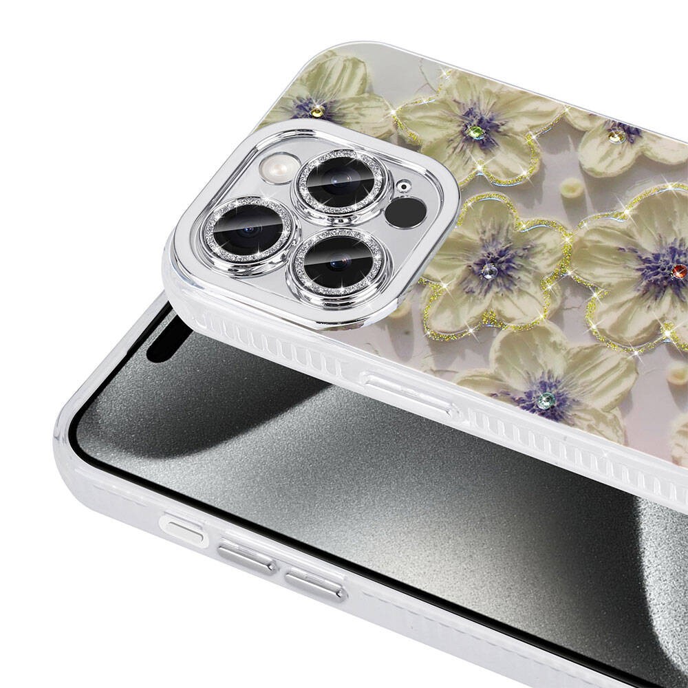 iPhone 15 Pro Çiçek Desenli Parlak Taşlı Sert Silikon Zore Garden