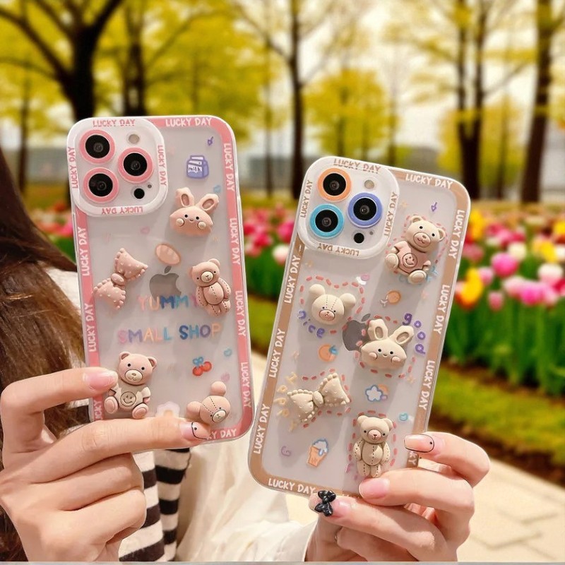 iPhone 11 Pro Max Uyumlu Zebana Sevimli 3 Boyutlu Tavşan ve Ayıcık Figürlü Esnek Silikon Kılıf