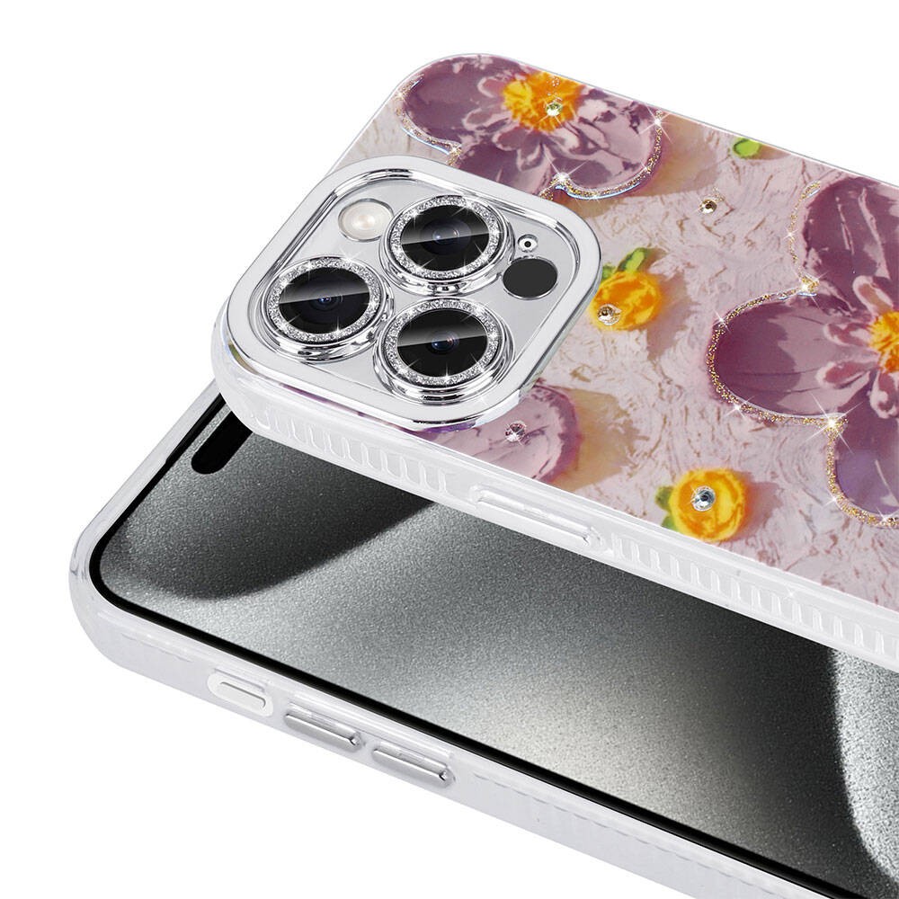 iPhone 15 Pro Çiçek Desenli Parlak Taşlı Sert Silikon Zore Garden