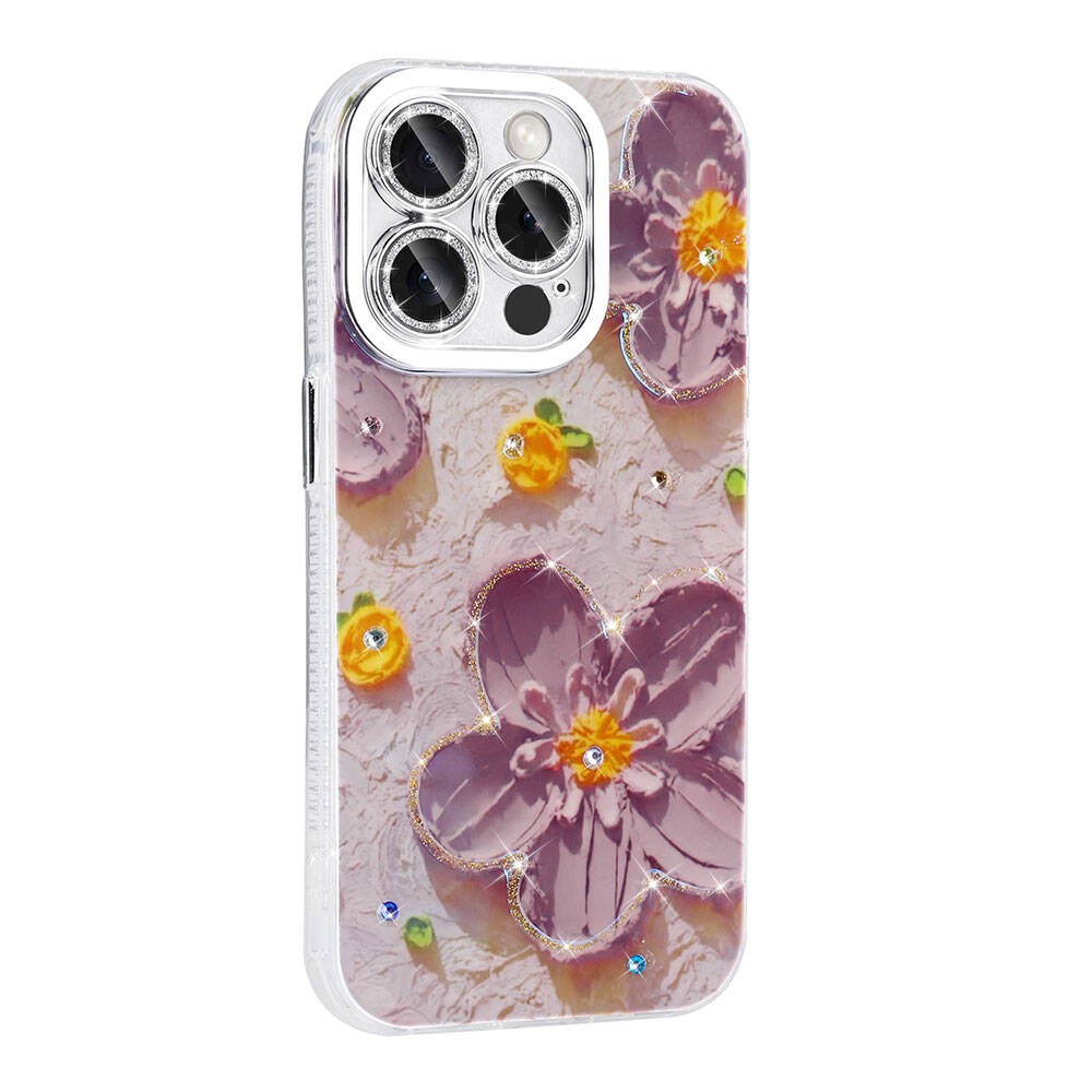 iPhone 15 Pro Çiçek Desenli Parlak Taşlı Sert Silikon Zore Garden