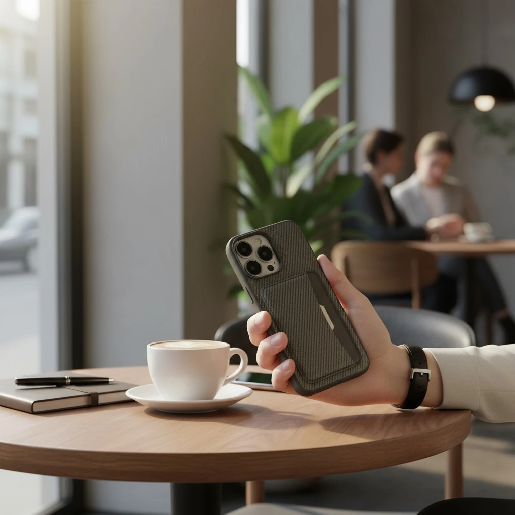 iPhone 14 Pro Max Uyumlu Rona MagCarbon Fiber Doku Manyetik Kılıf + Kartlık Cüzdan