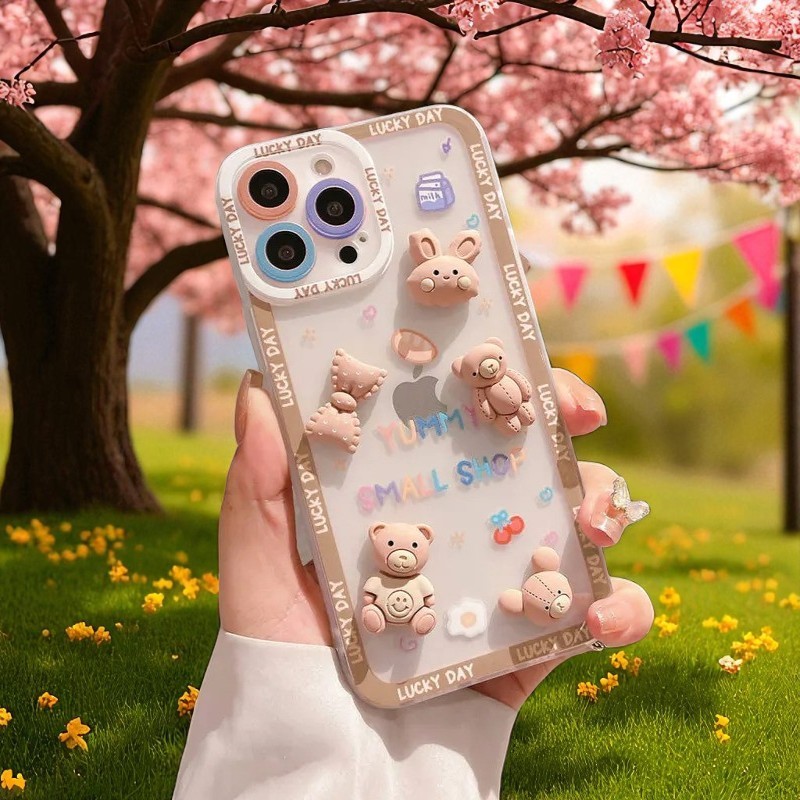 iPhone 12 Pro Uyumlu Zebana Sevimli 3 Boyutlu Tavşan ve Ayıcık Figürlü Esnek Silikon Kılıf