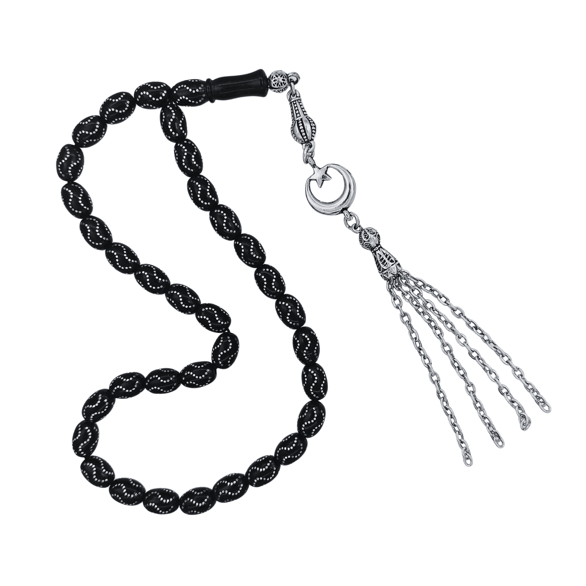 Oval Kesim Gümüş İşlemeli Gürcistan Oltu Tesbih 8X10 mm