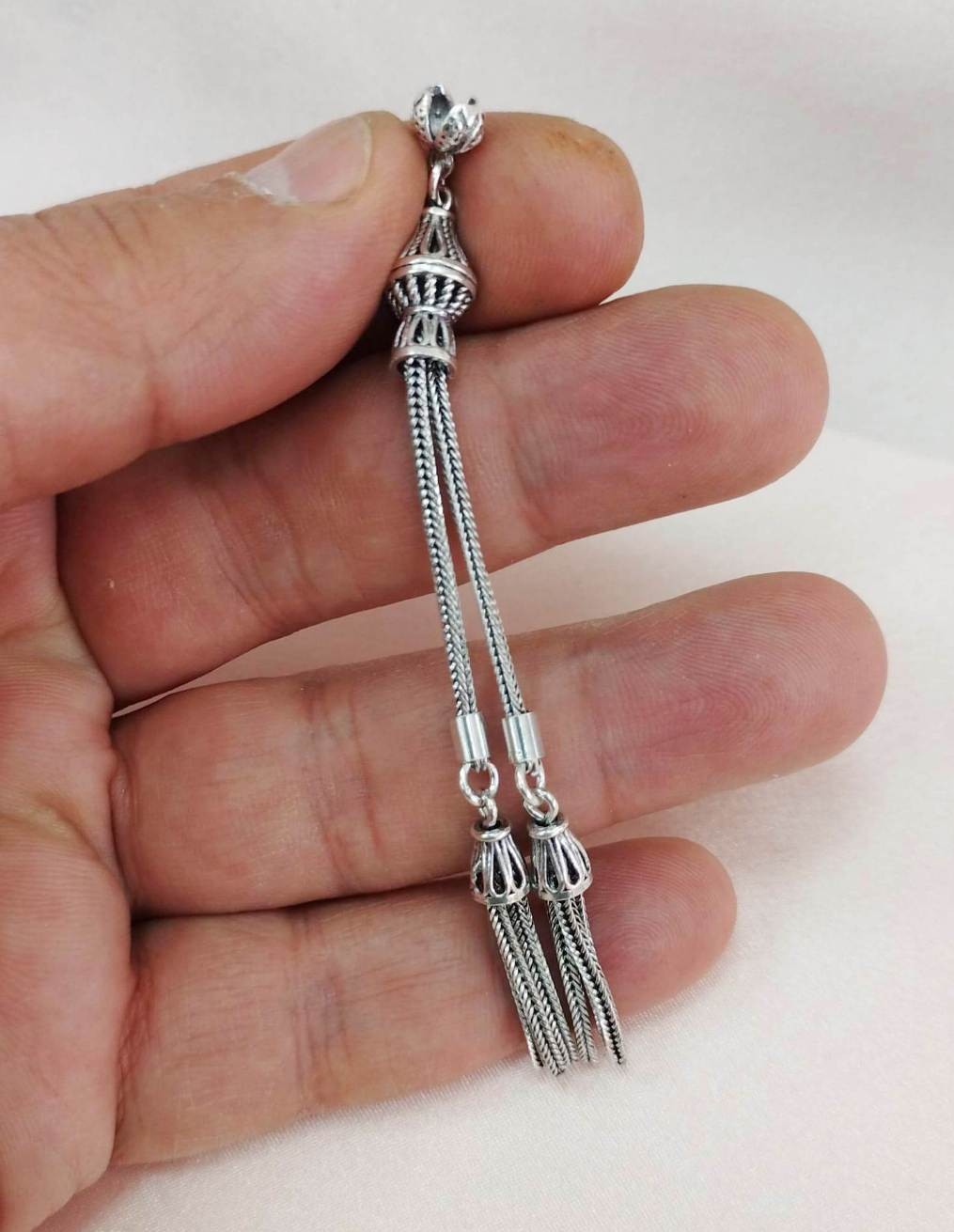 Süpürge Model Çift Dal 925 Ayar Gümüş Tesbih Püskülü 9 cm
