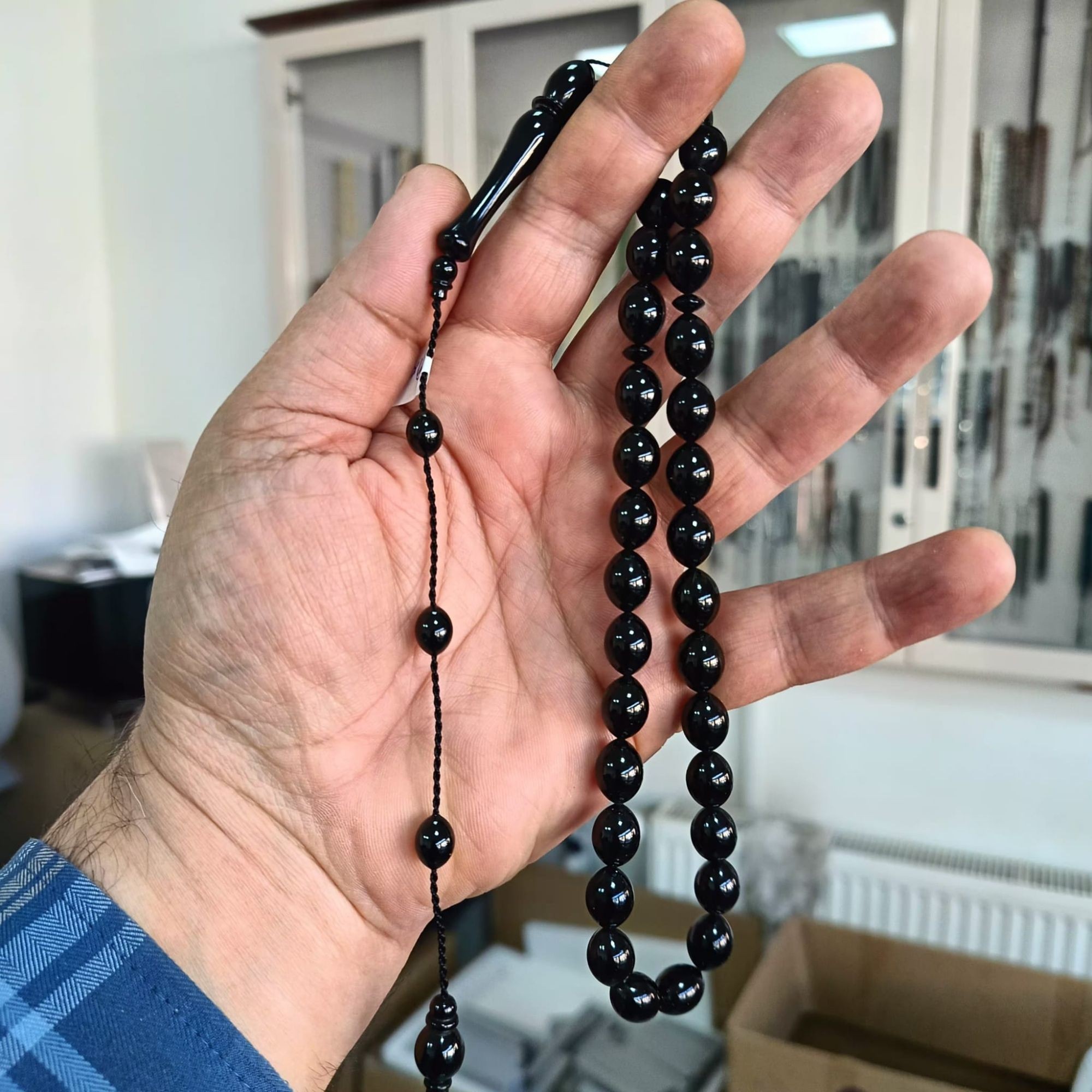 Arpa Kesim Erzurum Oltu Taşı Tesbih Sistemli Kumpaslı Usta İşçilik 9 X 12 mm
