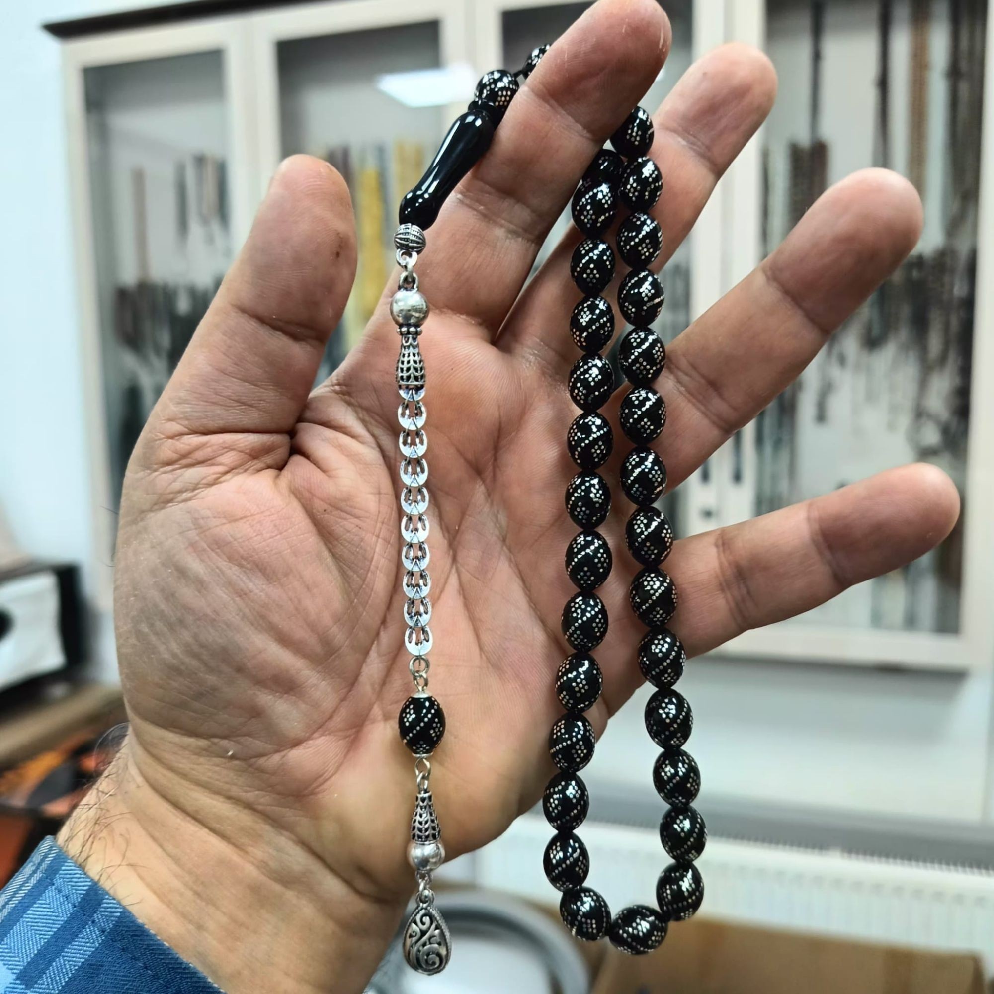 Yoğun Gümüş İşlemeli Sertifikalı Erzurum Oltu Taşı Tesbih 9 X 12 mm
