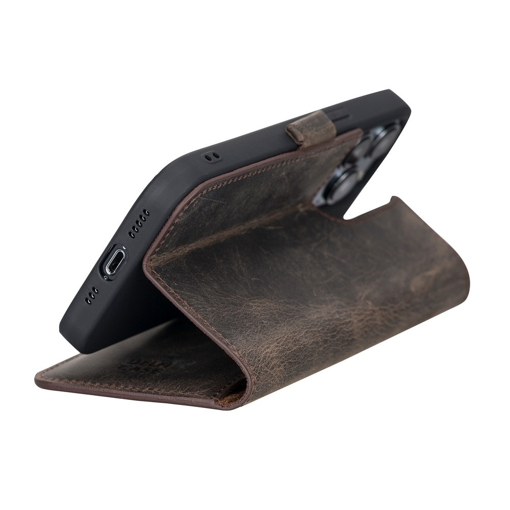 Apple iPhone 13 Pro Uyumlu Deri Cüzdanlı Kılıf Acı Kahve