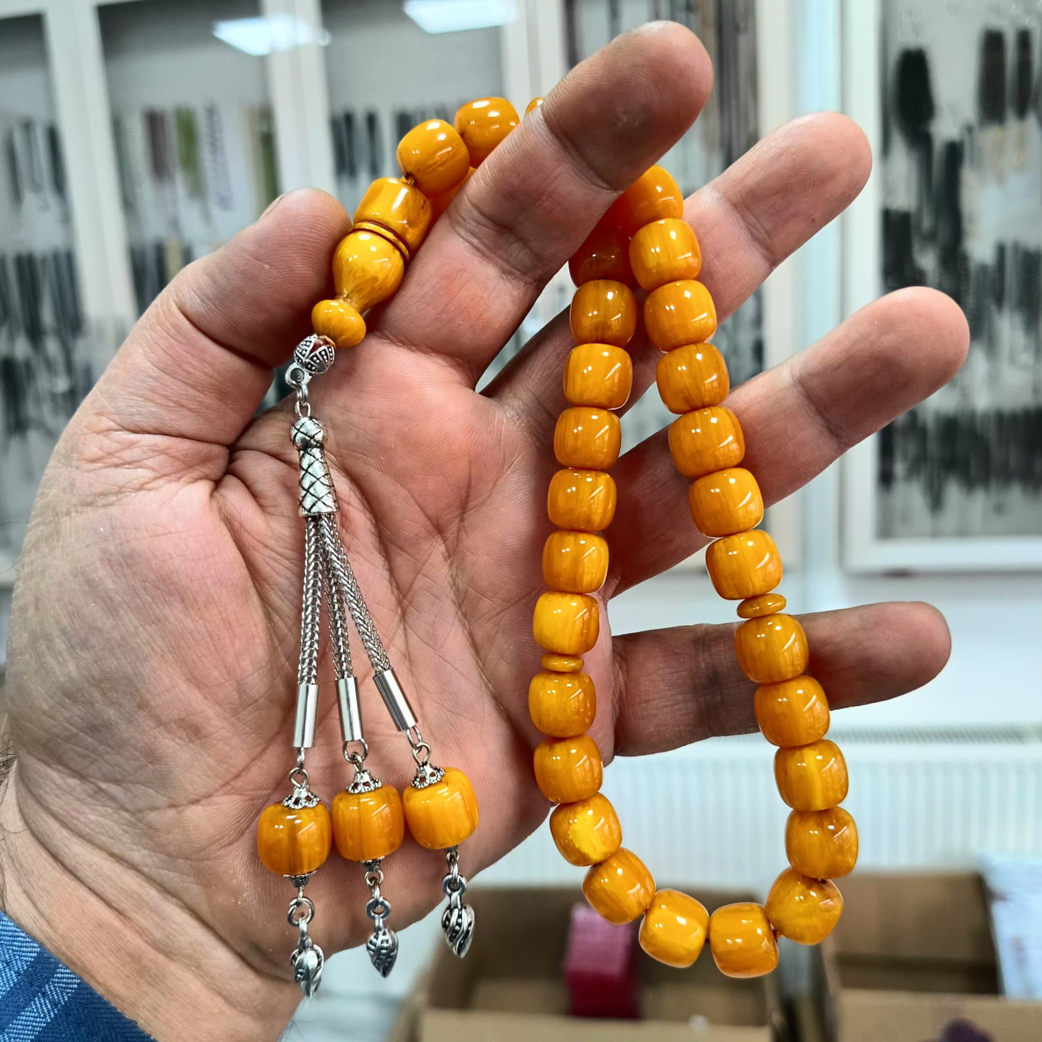 Eskitme Tarz Sarı Sıkma Kehribar Tesbih 12 x 11 mm