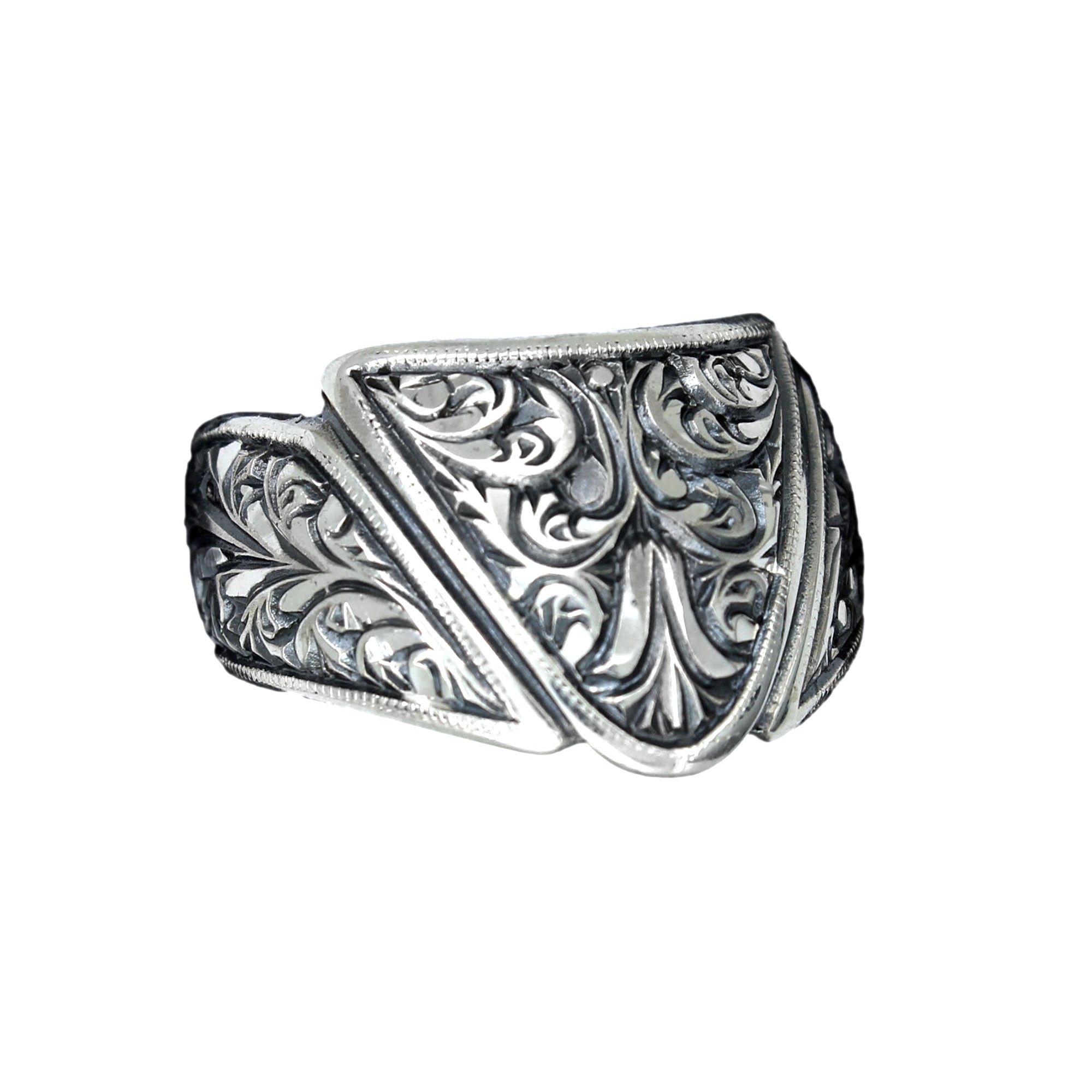 Lale Desen El Yapımı Kalemkar İşçilik Gümüş Zihgir Baş Parmak Okçu Yüzüğü