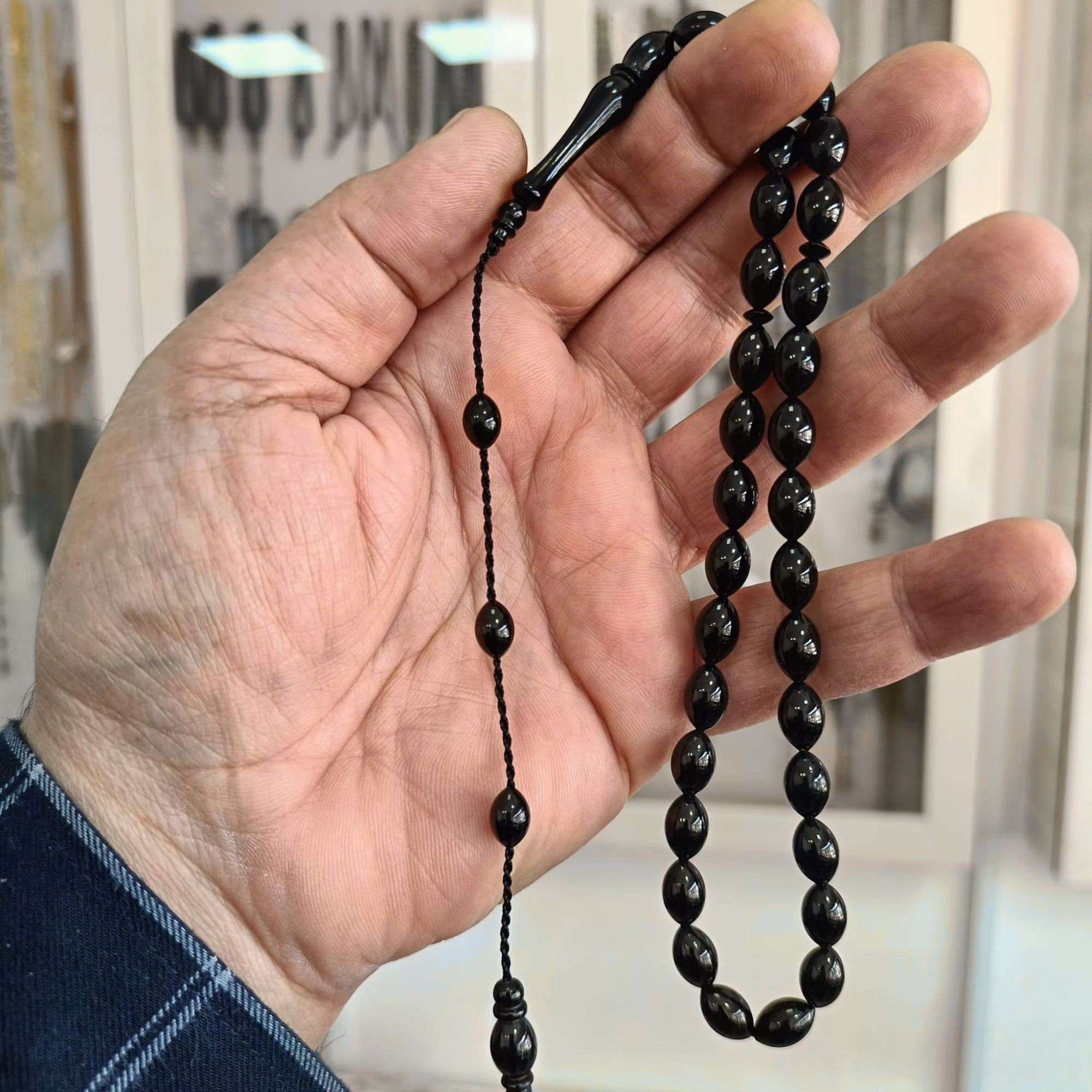 Arpa Kesim Erzurum Oltu Taşı Tesbih Sistemli Kumpaslı Usta İşçilik 7 X 11 mm