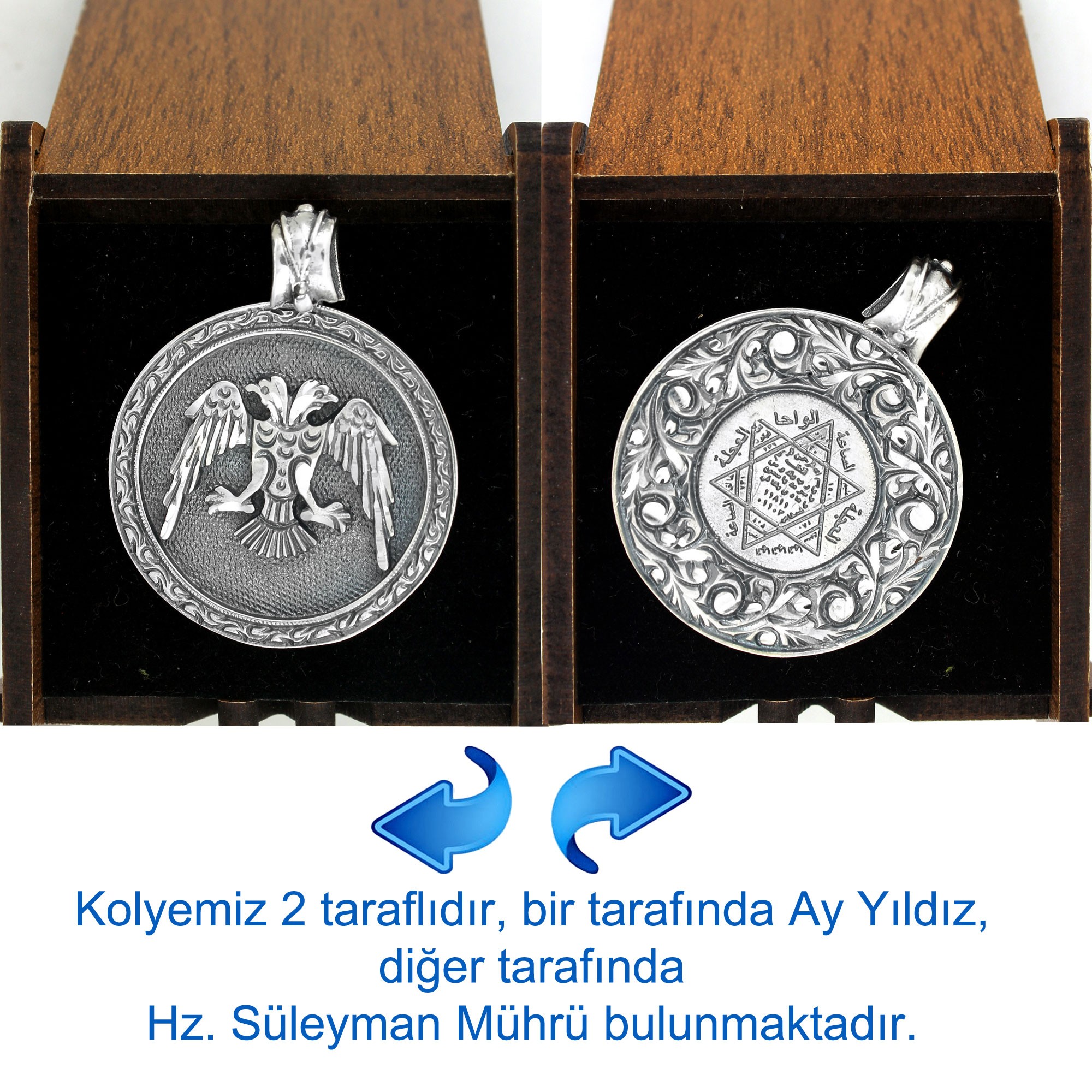925 Ayar Gümüş Çiftbaşlı Kartal ve Mührü Süleyman Kolye