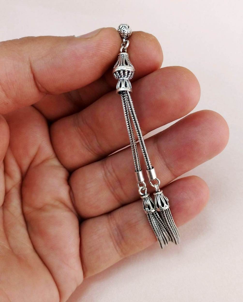 Süpürge Model Çift Dal 925 Ayar Gümüş Tesbih Püskülü 9 cm