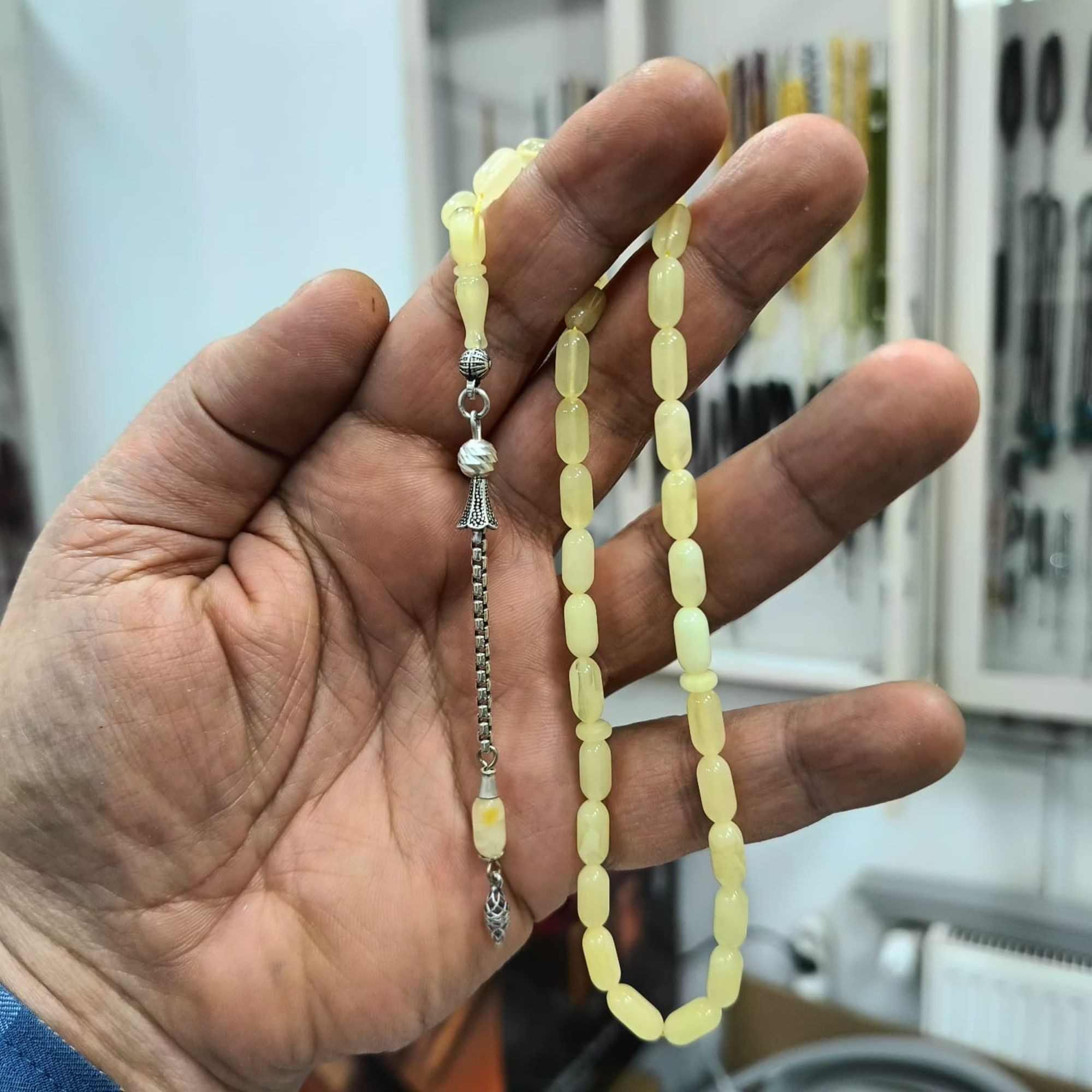 Gümüş Püsküllü Kapsül Kesim Doğal Kaya Damla Kehribar Tesbih 5 x 10 mm