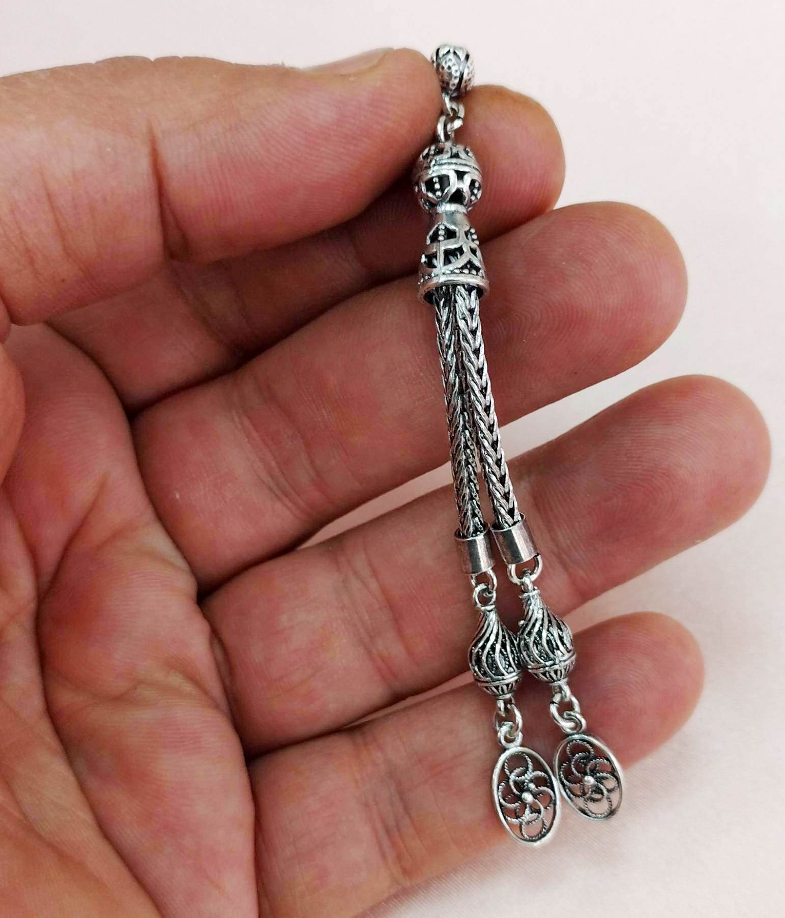 Çift Dal 925 Ayar Gümüş Tesbih Püskülü 9 cm