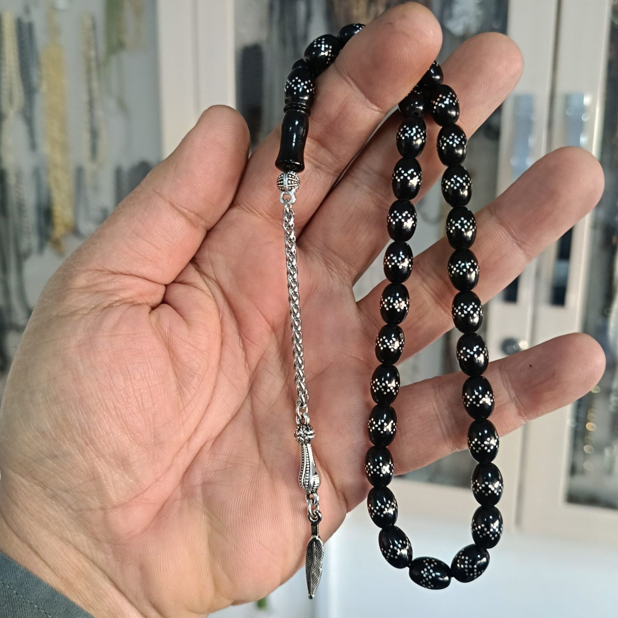 Oval Kesim Gümüş İşlemeli Gürcistan Oltu Tesbih 8X10 mm