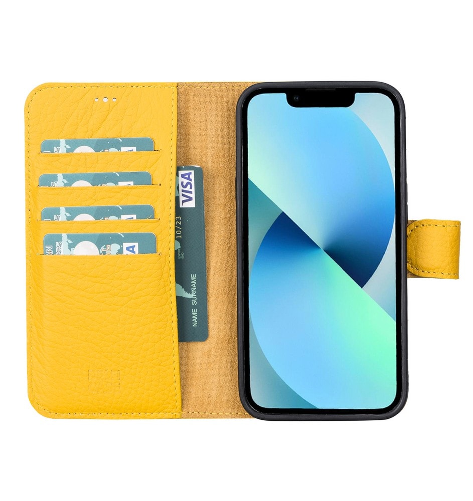 Apple iPhone 13 Pro Uyumlu Deri Cüzdanlı Kılıf Limon Sarı