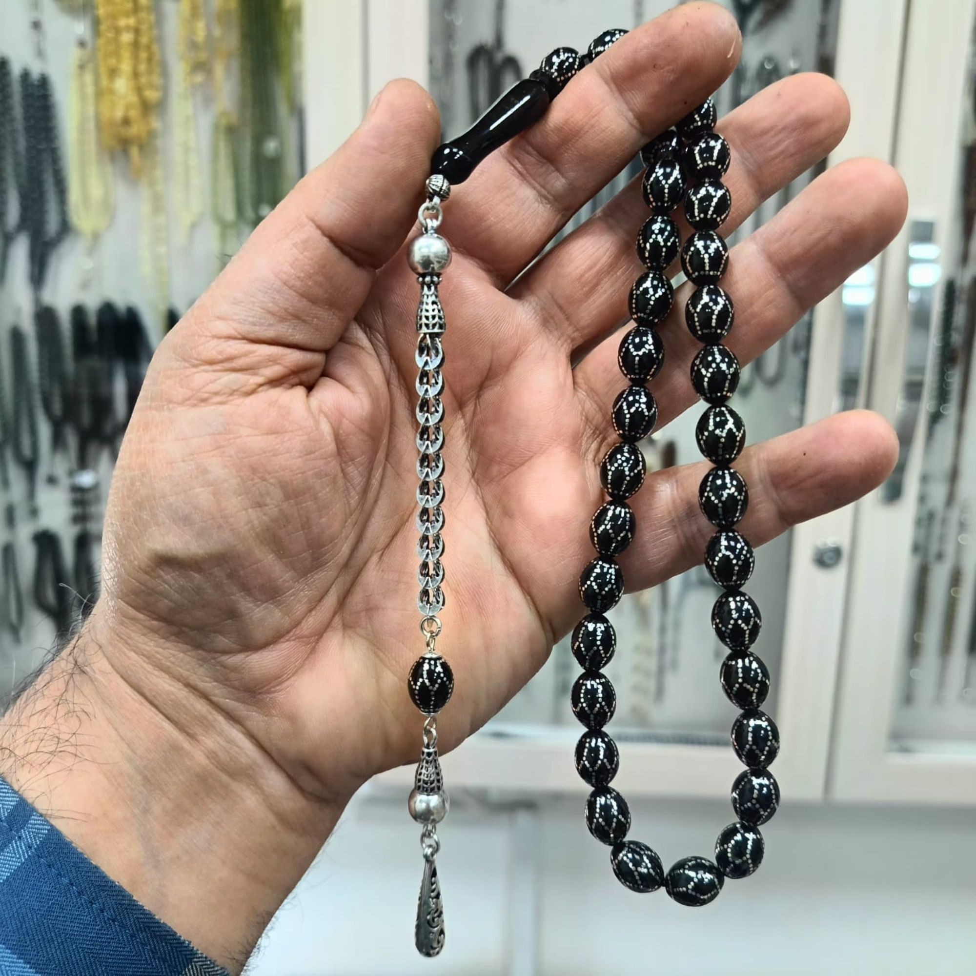 Gümüş Petek İşlemeli Sertifikalı Erzurum Oltu Taşı Tesbih 9 X 12 mm