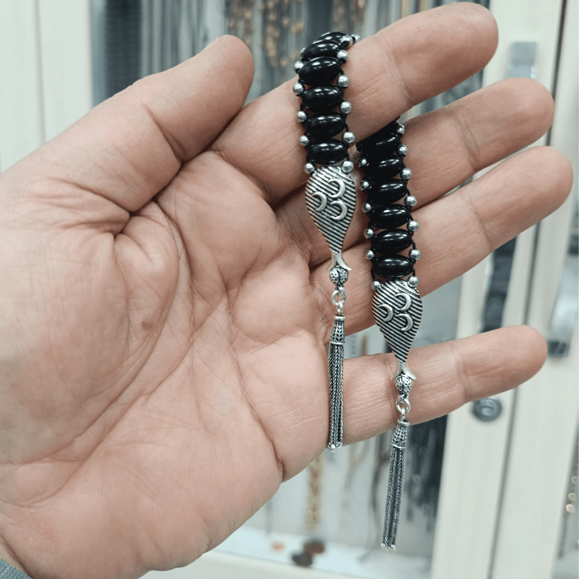 Hematit ve Gürcistan Oltu Taşı Gümüş Tasarım 3 Hilal Zaza Tesbih 25 cm