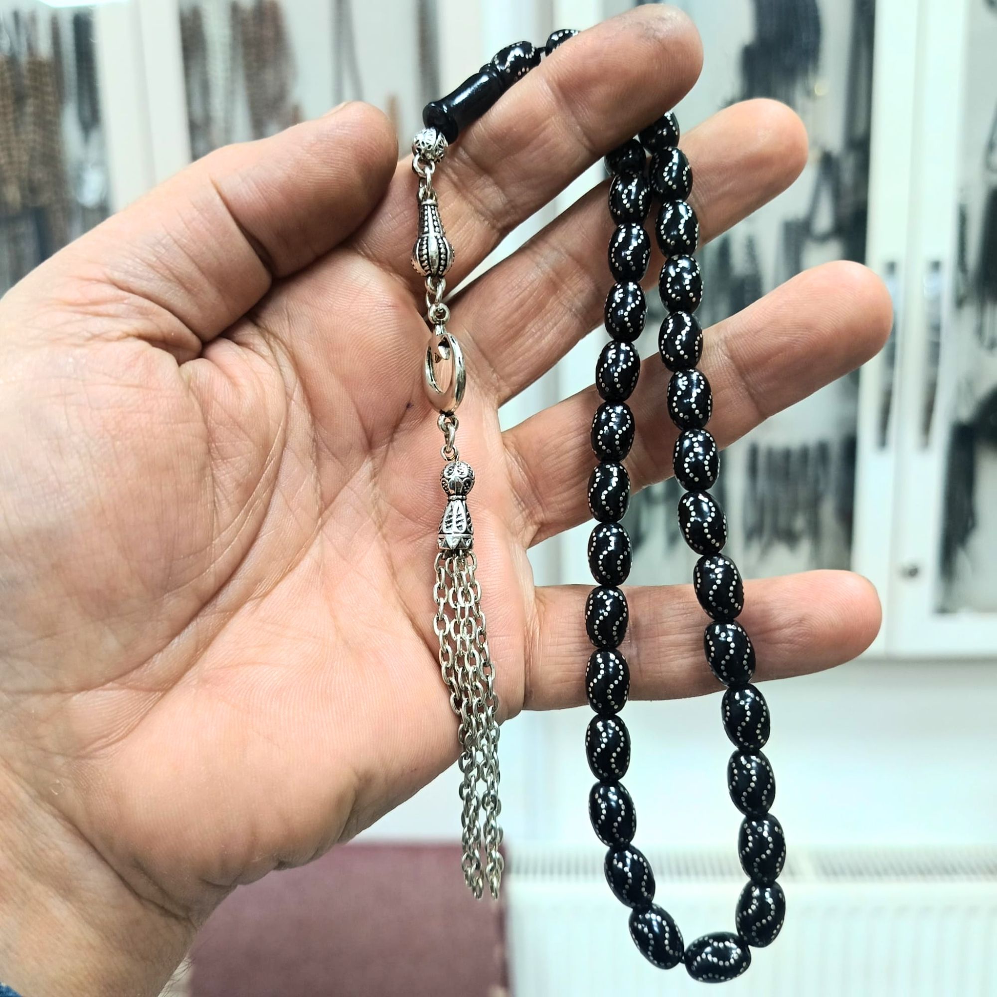 Oval Kesim Gümüş İşlemeli Gürcistan Oltu Tesbih 8X10 mm
