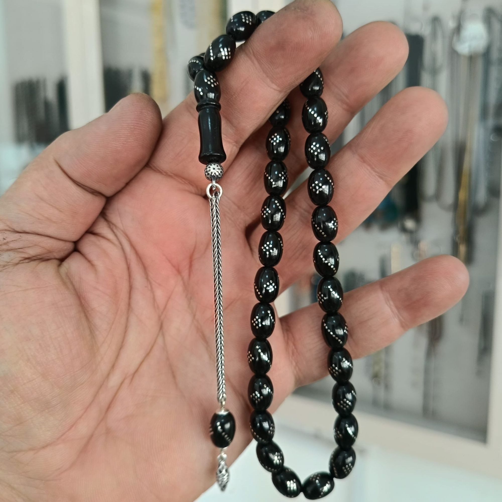 Oval Kesim Gümüş İşlemeli Gürcistan Oltu Tesbih 8 X 10 mm