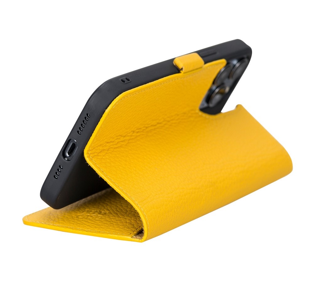 Apple iPhone 13 Pro Max Uyumlu Deri Cüzdanlı Kılıf Limon Sarı