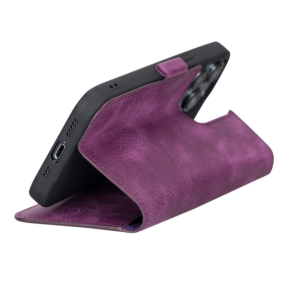 Apple iPhone 13 Pro Uyumlu Deri Cüzdanlı Kılıf Rustik Mor